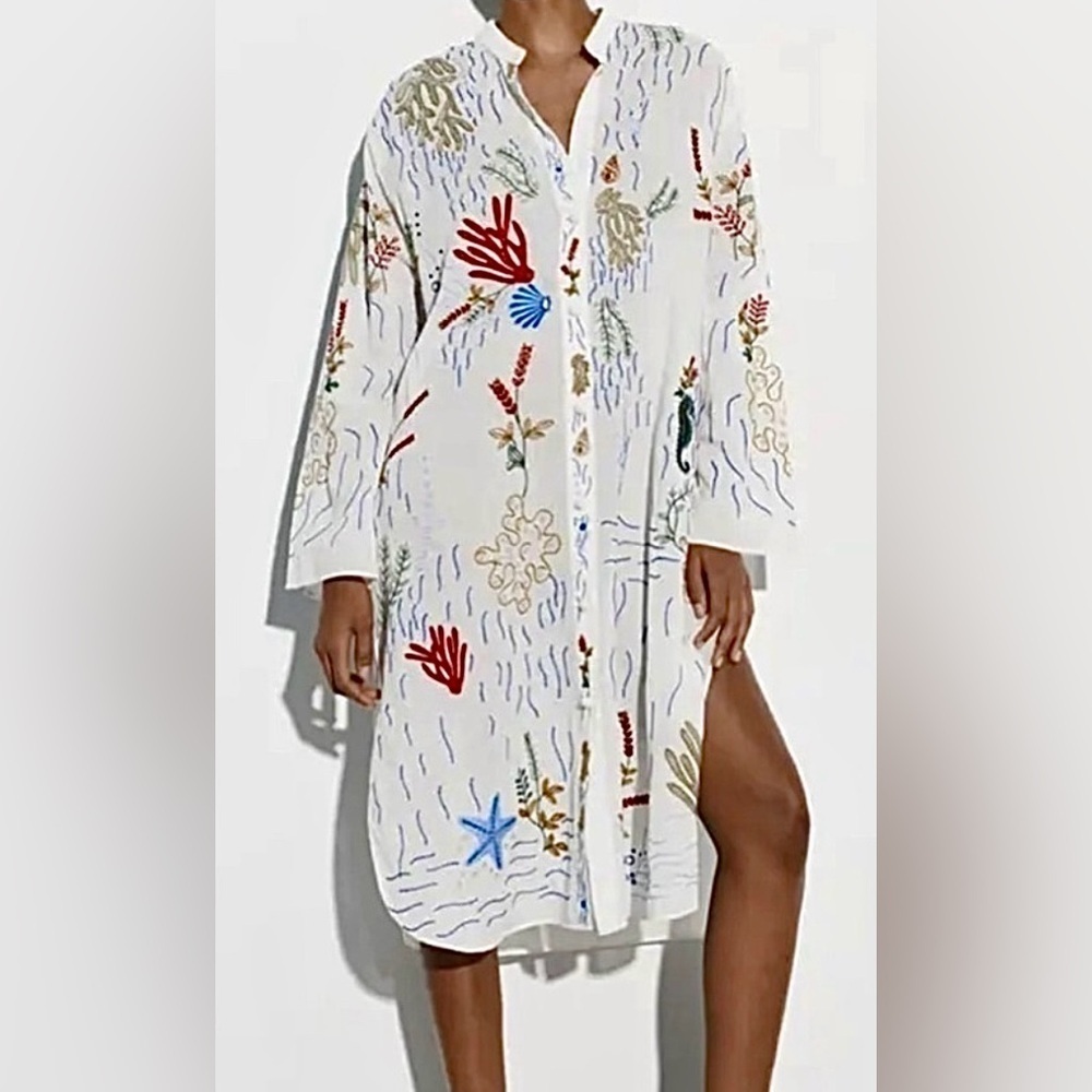 The Lagoon Embroidered Sea Life Loose Midi Shirt Dress Swimsuit Coverup
